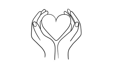 Hands with heart continuous line art drawing isolated on white background. Charity and help. Vector illustration