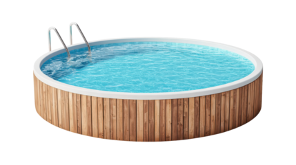 Above ground swimming pool with wooden decking and clear water