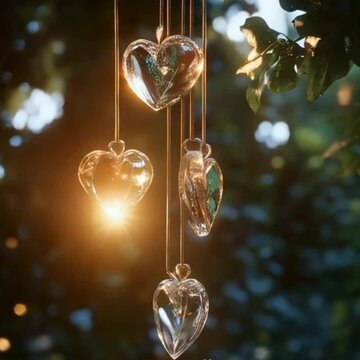 
A romantic wind chime with delicate heart are moves and crystal accents, glowing in sunlight, fairycore, magical, super detailed+ hyper realistic+Heart shape wind chime of valentines decoration