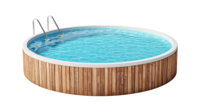 Above ground swimming pool with wooden decking and clear water