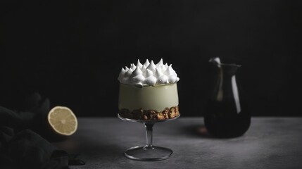 Elegant dessert presentation with lemon meringue layer and dark background