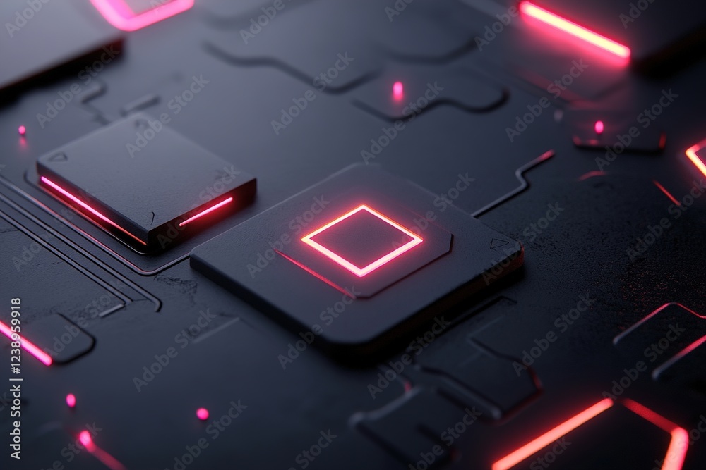 Poster dynamic composition displays simple abstract shapes illuminated by neon red and pink against a dark 
