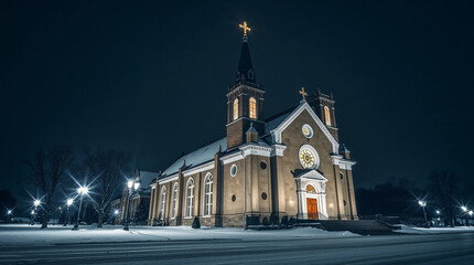 Fototapeta premium Church building illuminating the snowy night landscape