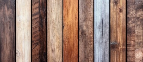 variety of wooden planks in different colors and textures arranged in a row for background use Copy Space