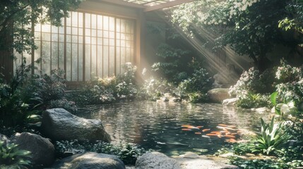 Serene Japanese Garden Koi Pond with Sunlight