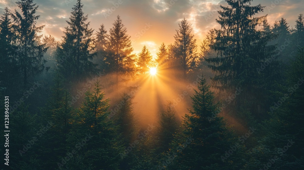 Aufkleber golden rays of sunlight filter through the towering trees at dawn, casting ethereal beams into the m