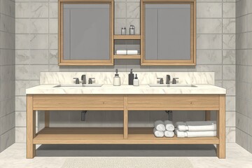 Modern double vanity bathroom with wooden base and marble countertop.