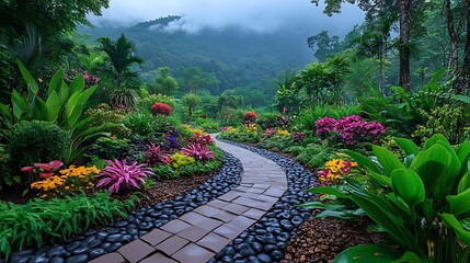 Obraz premium Winding path, lush tropical garden, misty mountains, serenity, travel brochure