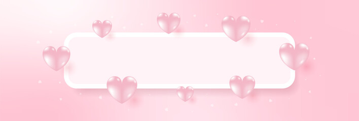 Pink Heart Balloon On Gradient Background With Frame. Abstract Valentine Banner. Wallpaper. Vector Illustration