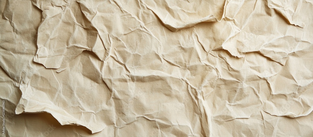 Poster crumpled textured paper background in beige color with natural folds and creases suitable for use as