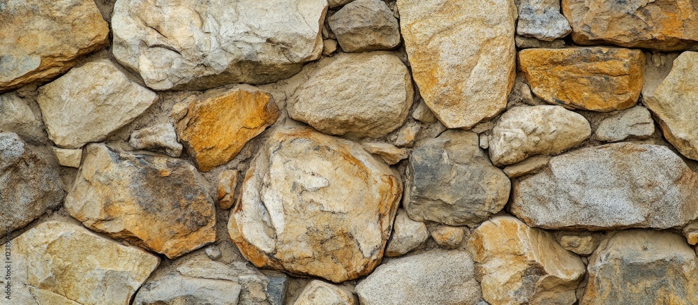 Poster textured background of a rustic stone wall with various colors and sizes of rocks arranged in an org