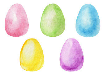 Set of colorful watercolor Easter eggs on white background. Watercolor illustration. Spring holiday banner.