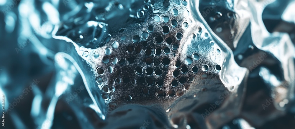Poster abstract metallic surface with perforated texture and reflected light patterns, suitable for backgro