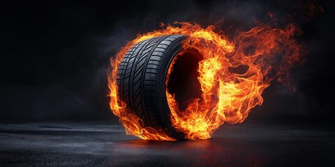 A car tire with a burning flame wrapping around it, against a black background with dramatic lighting.