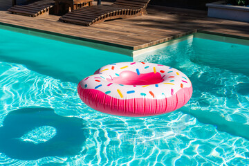Pink donut inflatable float in turquoise swimming pool with wooden deck and sunny reflections