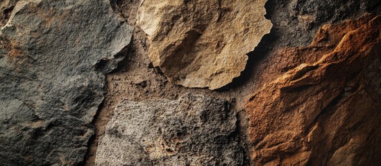 Textured wall of natural stones in various earthy colors including brown gray and beige with detailed surface patterns and Copy Space