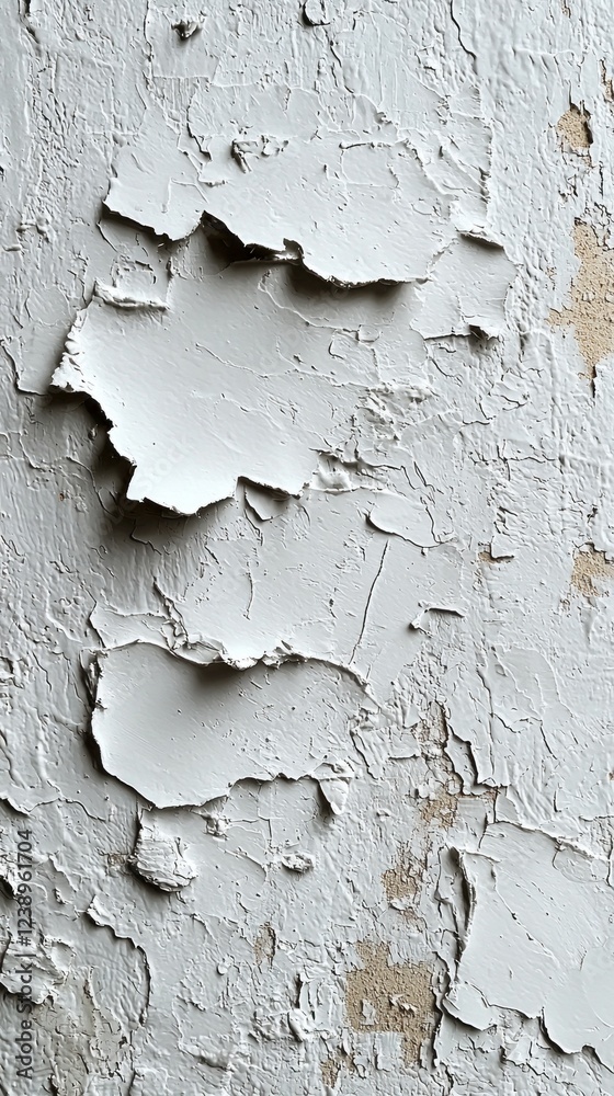 Poster old white paint chips away from the wall, exposing a textured surface beneath. natural light highlig