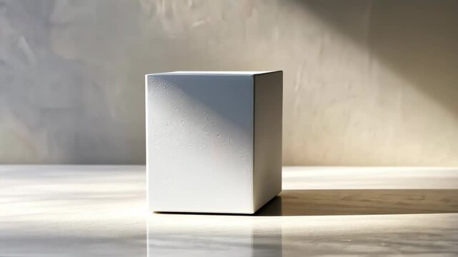 White box sits on a table in front of a wall. The box is empty and the table is clean. Scene is simple and minimalistic
