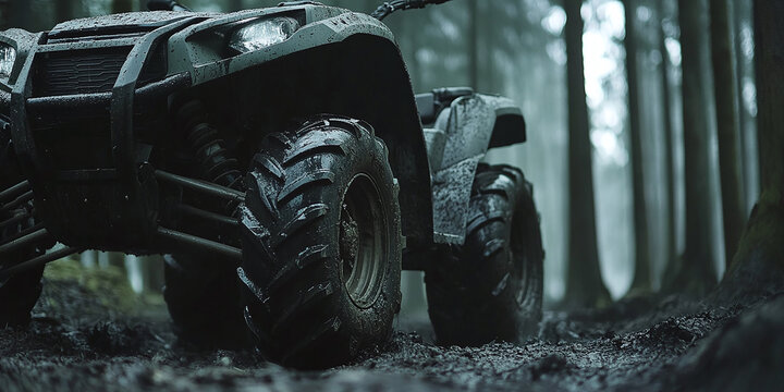 A muddy ATV rests on a forest trail, symbolizing off-road challenges, rugged terrain, and thrilling outdoor escapades.