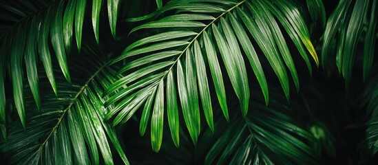 Close-up of green palm leaves with natural texture and detail against dark background suitable for design purposes Copy Space
