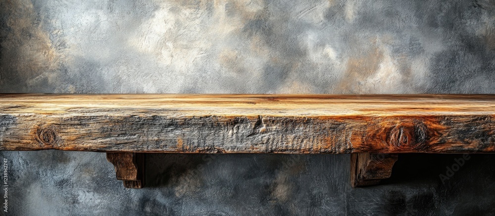 Poster rustic wooden shelf with textured gray wall background ideal for displaying items and decor with cop