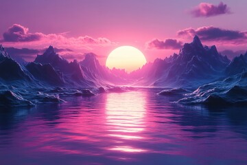 Pink sunset over water with mountains and clouds creating a serene and magical landscape