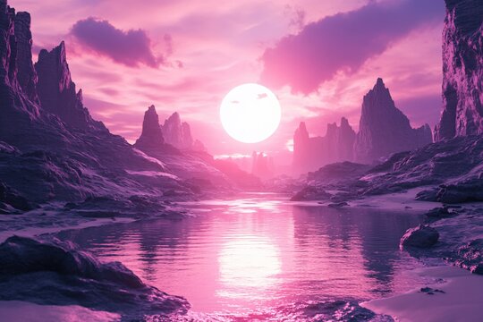 Pink sunset over rocky landscape with water reflection and large sun in the sky - Powered by Adobe