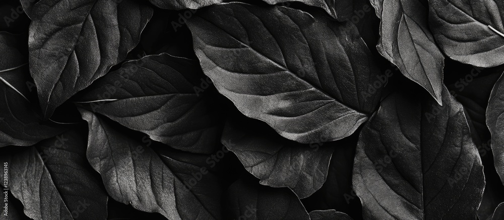 Poster black and white image of overlapping textured leaves creating a natural pattern ideal for background