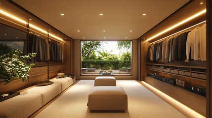 Luxurious walk-in closet with tropical view, showcasing organized clothing and seating