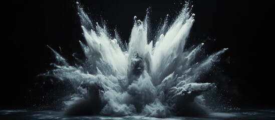 White powder explosion on black background creating dynamic cloud-like formation with high contrast and fluid shapes Copy Space