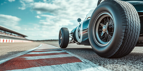  A vintage race car on a racetrack with clear skies, showcasing timeless design, speed, and classic automotive engineering.