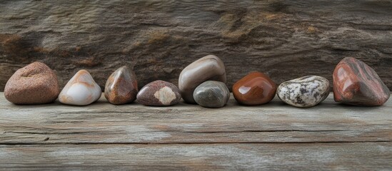 Assorted polished stones lined up on rustic wooden surface with natural textures and colors Copy Space