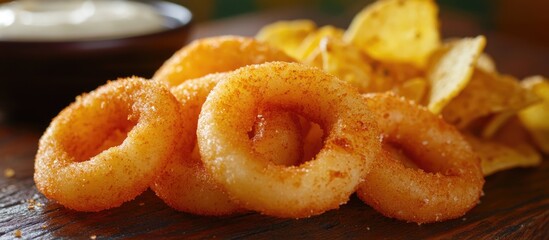 Crispy fried onion rings seasoned with spices served with tortilla chips and dipping sauce on wooden surface Copy Space