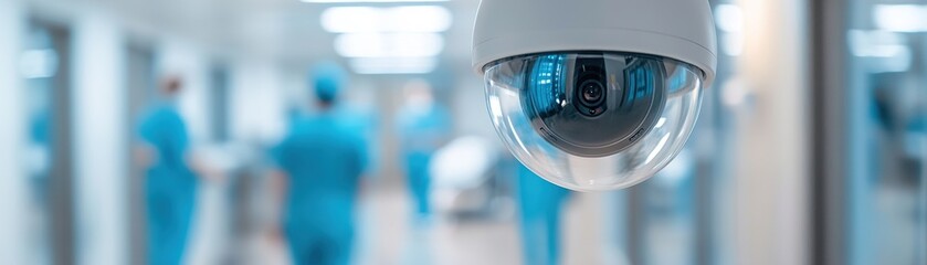 A discreet security camera is installed in a softly lit hospital corridor. Medical staff and equipment can be seen blurred in the background, emphasizing safety and monitoring