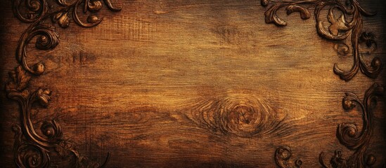 Ornate vintage wooden background with decorative carvings and natural wood texture with ample copy space for text insertion