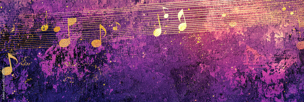 Poster colorful musical notes float across a rich purple background adorned with a textured pattern, creati