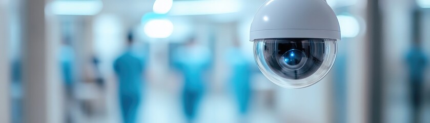 A discreet security camera monitors a hospital corridor, ensuring patient safety. Blurred medical staff and equipment contribute to the focus on facility surveillance