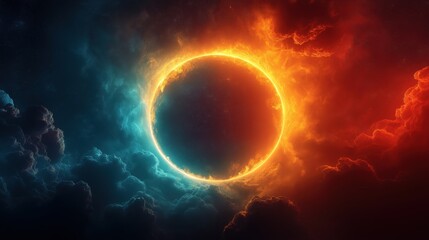 Obraz premium Fiery eclipse with glowing orange and blue clouds in cosmic background