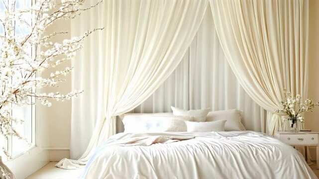 White bedroom with a white canopy bed and white curtains. A white vase with flowers sits on the floor next to the bed
