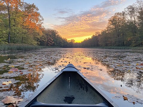 Canoe view of a calm lake at sunset with autumn leaves and colorful sky reflection