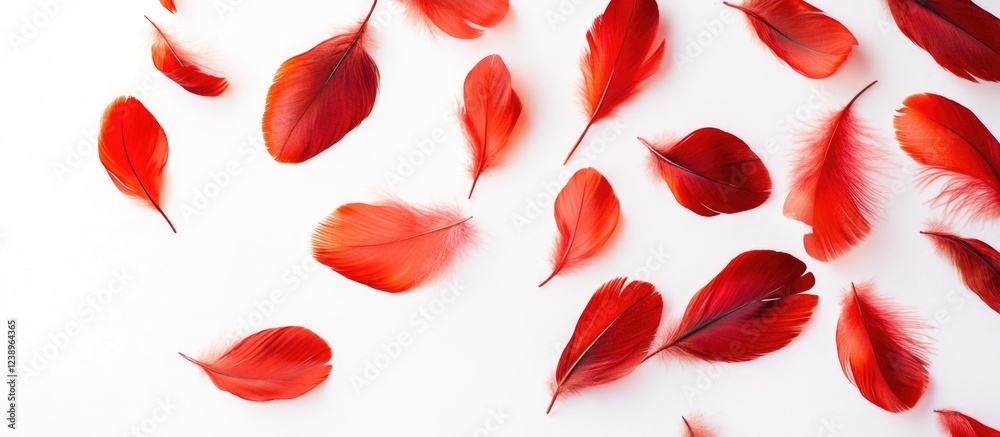 Poster red bird feathers scattered on a white background with ample negative space for text placement copy 