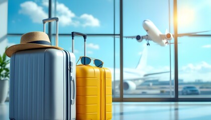 suitcases in the airport departure lounge, airplane in the blurred background, summer vacation concept, traveler suitcases in airport terminal waiting area