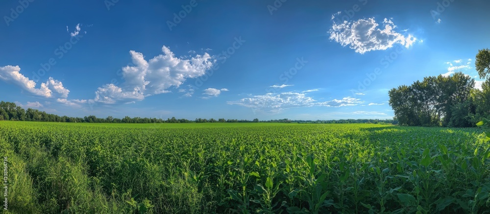 Poster panoramic view of vibrant green agricultural field under a clear blue sky with scattered clouds and 