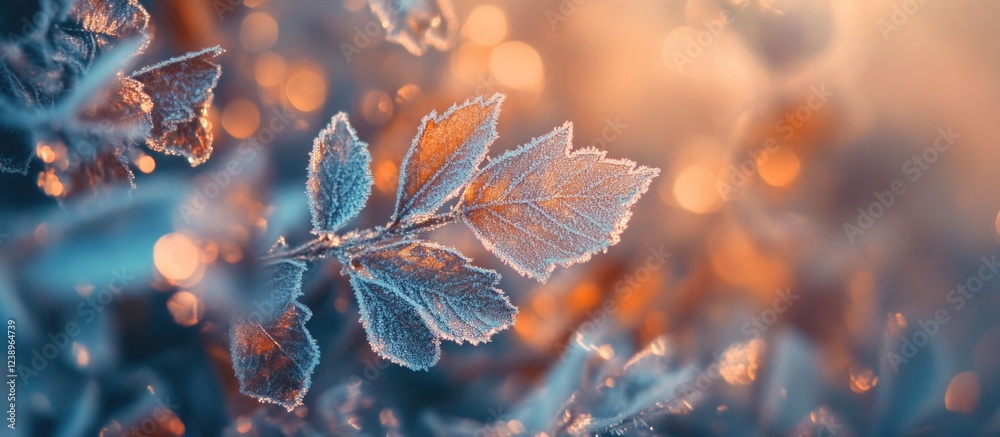 Aufkleber Frosted leaves with soft focus bokeh background in warm tones and detailed ice crystals on edges with Copy Space