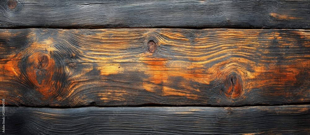 Poster textured wooden planks with blackened and charred surfaces showcasing natural grain patterns and war