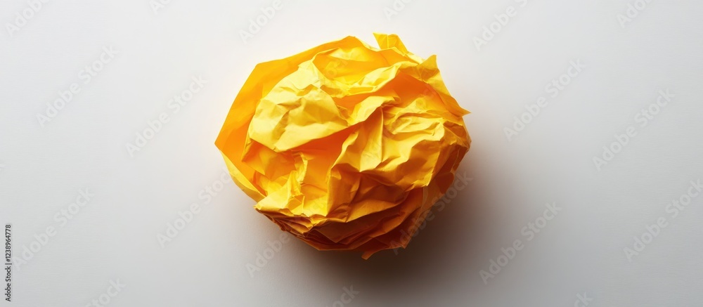 Poster crumpled yellow paper ball on a white background with copy space for text placement