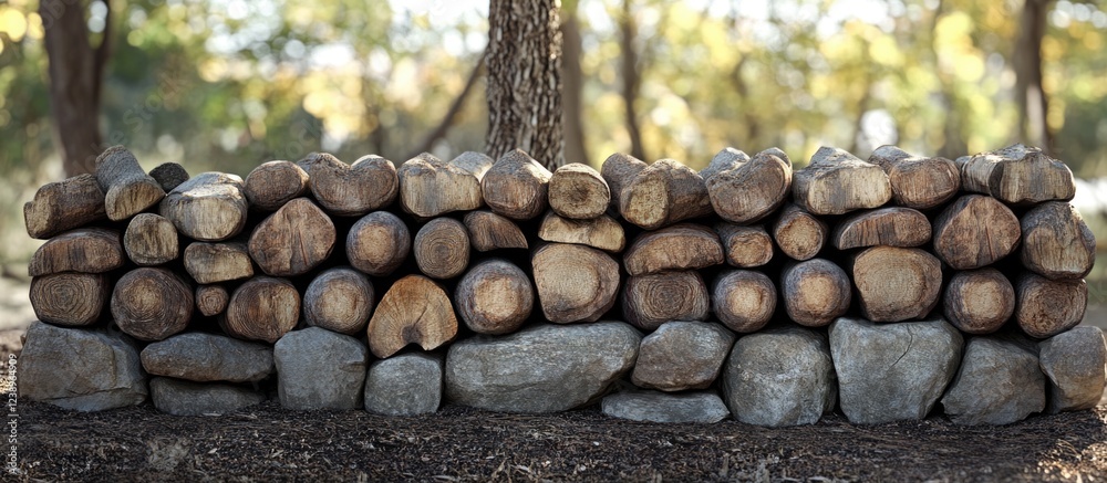 Aufkleber stacked wooden logs and stones forming a natural boundary in a forested area with blurred background