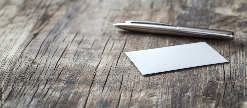 Poster blank business card placed on rustic wooden table beside a silver pen with copy space for text inser