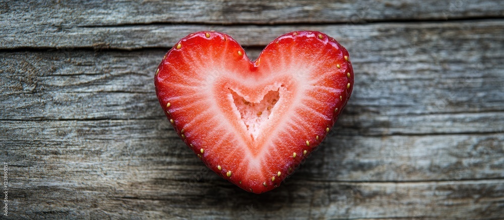 Aufkleber Sliced heart-shaped strawberry on rustic wooden background with visible texture and grain Copy Space