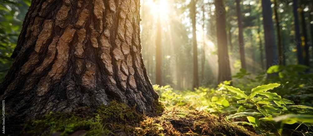 Poster Tree trunk in forest with sunlight filtering through foliage creating a tranquil outdoor scene with rich greenery and natural textures Copy Space